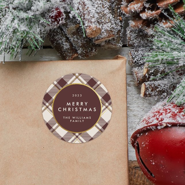 Sticker Rond Carreaux Tartan Beige et Rouge Foncé Joyeux Noël (Créateur téléchargé)