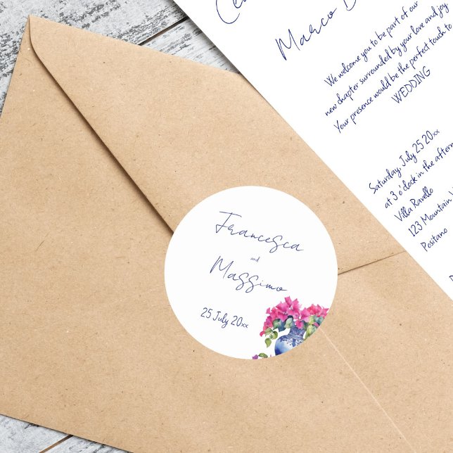 Sticker Rond Carrelage bleu Bougainvillea mariage élégant (Blue French Tiles Bougainvillea elegant Mediterranean wedding envelope Sticker bride and groom names)