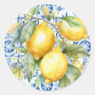 Sticker Rond Carrelage et citrons d'aquarelle italien bleu et b