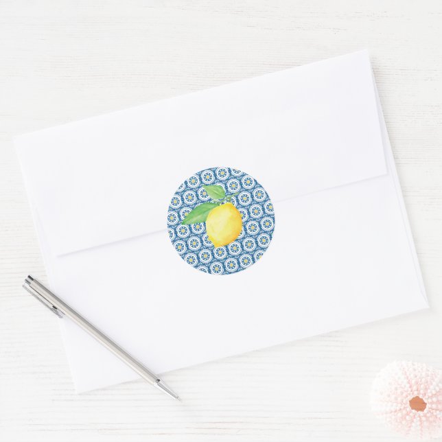 Sticker Rond Carrelage méditerranéen Aquarelle Mariage citron (Enveloppe)