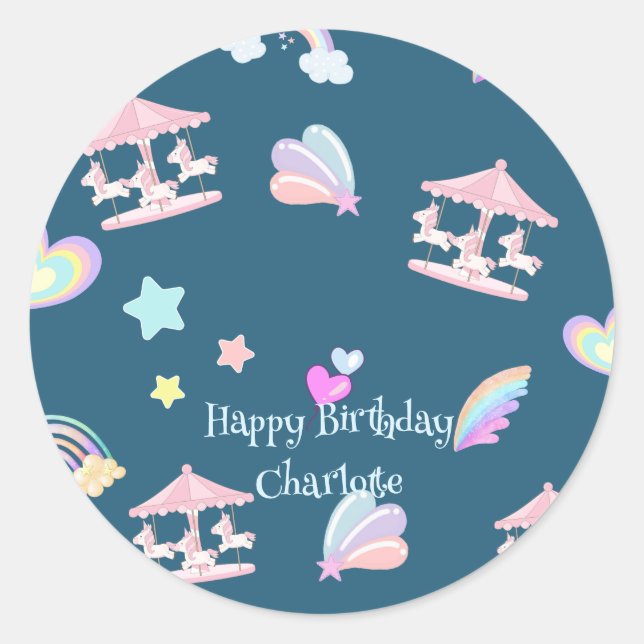 Sticker Rond Carrousel arc-en-ciel magique Unicorn anniversaire (Devant)