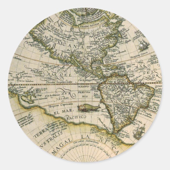 Sticker Rond Carte antique, 1596, America Sive Novus Orbis (Devant)