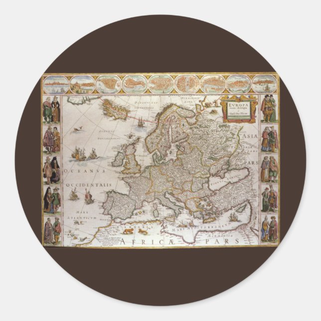 Sticker Rond Carte antique de l'Europe par Willem Jansz Blaeu,  (Devant)
