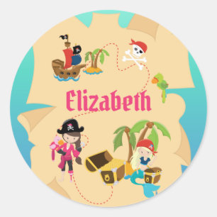 Sticker Rond Carte au trésor personnalisée de pirate rose fille