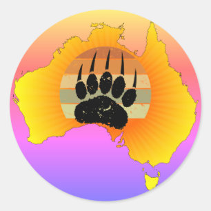 Sticker Rond Carte Australie Sunny Ours Avec Sunset Rétro