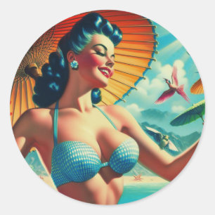 Sticker Rond Carte Bikini vintage