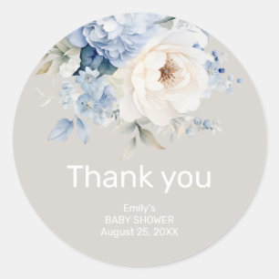 Sticker Rond Carte de baby shower floral bleu et blanc poussiér