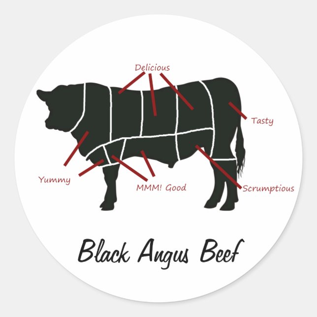 Sticker Rond Carte de boucherie de boeuf noir Angus - savoureux (Devant)