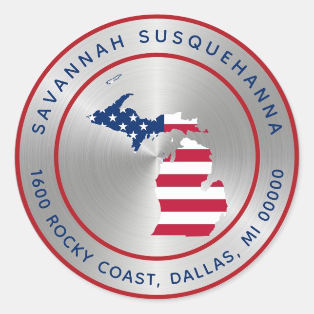 Sticker Rond Carte de l'état du Michigan Silver Red White (Devant)