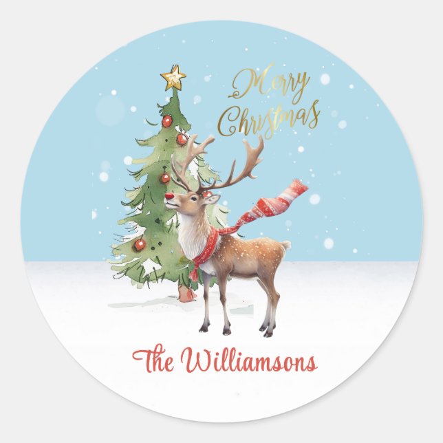 Sticker Rond Carte de Noël Arbre de rennes écossais (Devant)