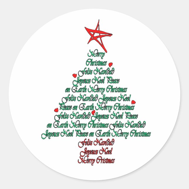 Sticker Rond Carte de Noël multilingue Feliz Natal Tree (Devant)
