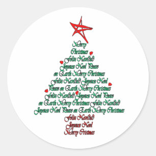 Sticker Rond Carte de Noël multilingue Feliz Natal Tree