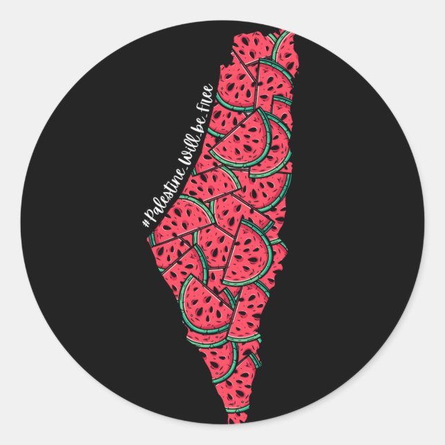 Sticker Rond Carte de Palestine remplie de pastèques | Palestin (Devant)