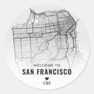Sticker Rond Carte de San Francisco Bienvenue Mariage
