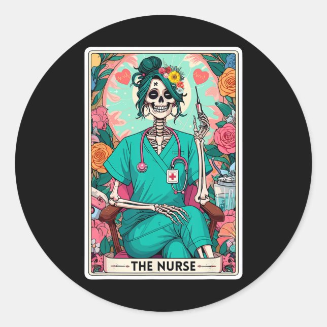 Sticker Rond Carte de Tarot infirmière drôle Skeleton Nurse Wit (Devant)
