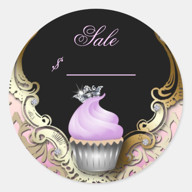 Sticker Rond Carte de visite Cupcake Elegant Damask Violet Noir (Devant)