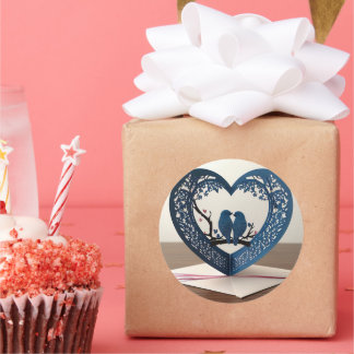 Sticker Rond Carte de voeux 3D en forme de coeur avec oiseaux