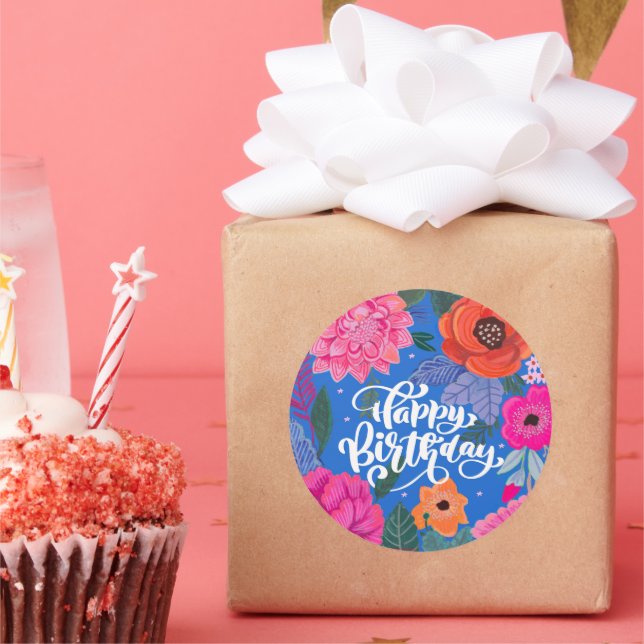 Sticker Rond Carte de voeux d'anniversaire floral brillant (Fête)