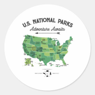 Sticker Rond Carte des 62 parcs nationaux américains vintage ca