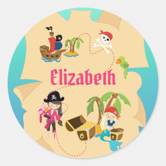 Sticker Rond Carte des trésors de la fille rose personnalisée (Devant)