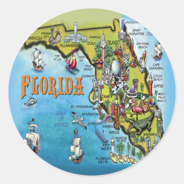 Sticker Rond Carte du dessin animé en Floride (Devant)