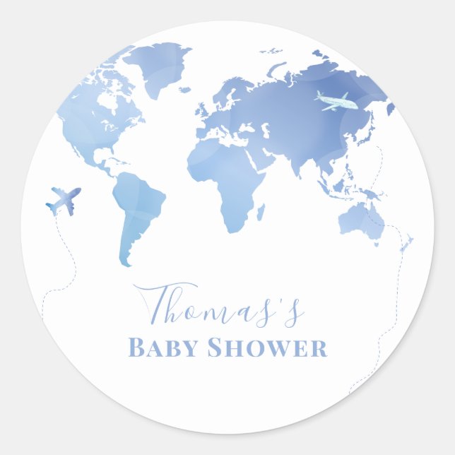 Sticker Rond Carte du monde bleu Voyage Baby shower d'aventure (Devant)