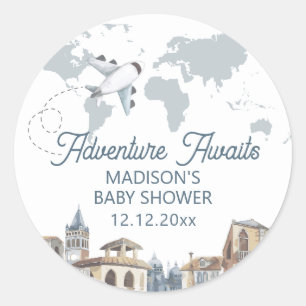 Sticker Rond Carte du monde de voyage aventure avion Baby Showe