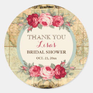 Sticker Rond Carte du monde vintage Roses aventure attend