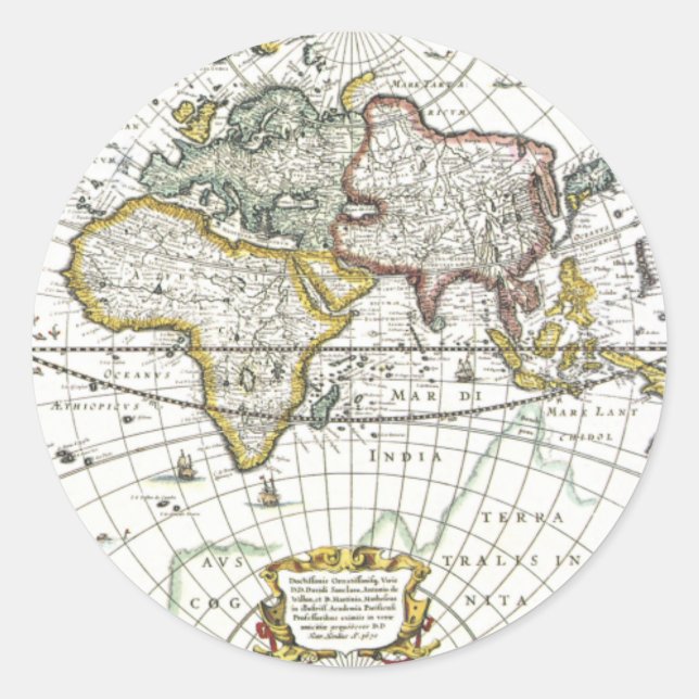 Sticker Rond Carte du Vieux Monde antique par Hendrik Hondius,  (Devant)