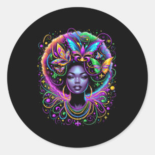Sticker Rond Carte Masque de perles de papillon afro-Queen noir
