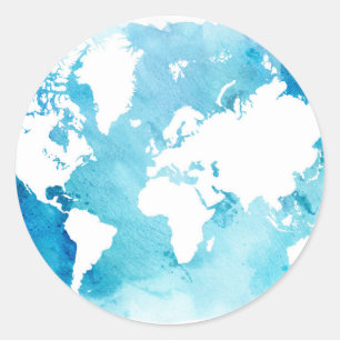 Sticker Rond Carte Mondiale En Aquarelle Blues