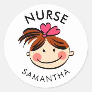 Sticker Rond Carte personnalisée Brunette Nom de l'infirmière
