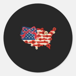 Sticker Rond Carte Retro 4 juillet Coquette Bow Floral America
