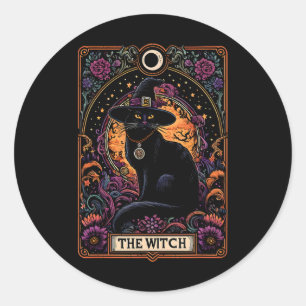 Sticker Rond Carte Tarot Chat Sorcière Halloween gothique Vinta