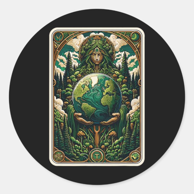 Sticker Rond Carte Tarot d'Art Nature Enchantant par le Gardien (Devant)