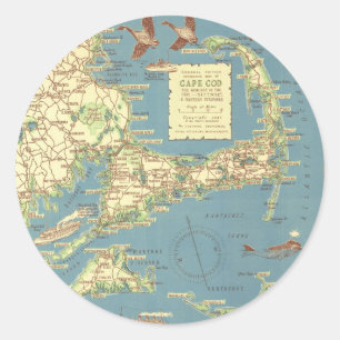 Sticker Rond Carte vintage de Cape Cod (1940)