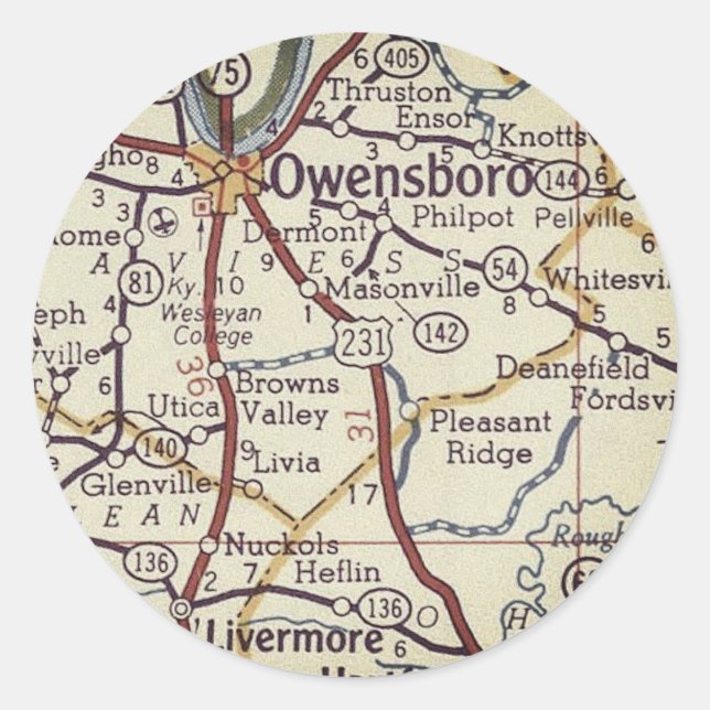 Sticker Rond Carte Vintage Owensboro Kentucky (Devant)