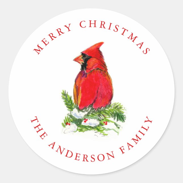 Sticker Rond Cartes de Noël oiseau cardinal rouge aquarelle  (Devant)