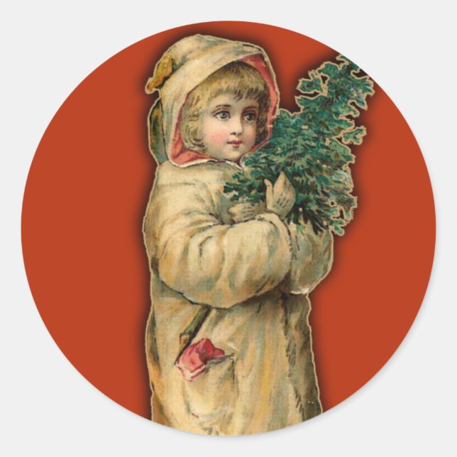 Sticker Rond Cartes de Noël victoriennes Enfant avec arbre (Devant)