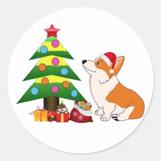 Sticker Rond Cartographie de Corgi de vacances avec arbre (Devant)