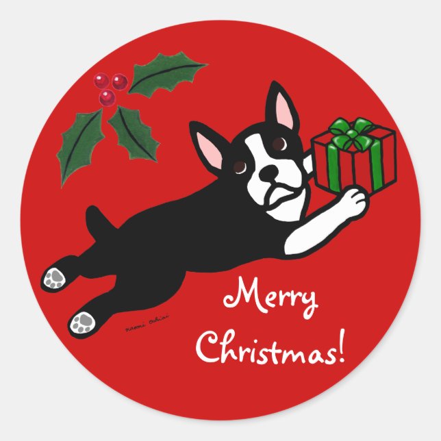 Sticker Rond Carton de Noël 2 de Boston Terrier (Devant)