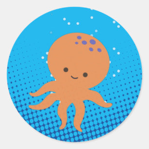 Sticker Rond Carton mignon Octopus Bleu Océan