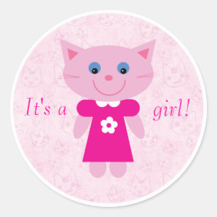 Sticker Rond Carton Rose Cute Chat C'Est Une Fille Nouveau Bébé