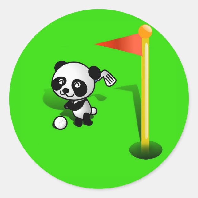 Sticker Rond Cartoon Baby Panda Bear Golfing sur le vert (Devant)