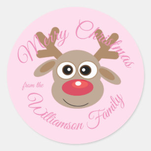 Sticker Rond Cartoon de Noël joli Reindeer Girly rose nouveauté
