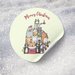 Sticker Rond Cartoon de Noël sur mesure Cute Meowon Chats plat