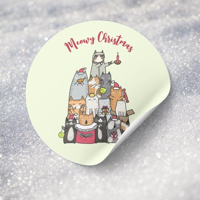 Sticker Rond Cartoon de Noël sur mesure Cute Meowon Chats plat (Créateur téléchargé)
