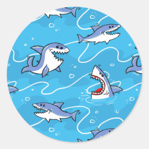 Sticker Rond Cartoon Great White Sharks
