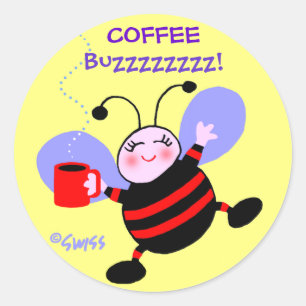 Sticker Rond Cartoon mignon Busy Bee w Red Stripes Café Buzz