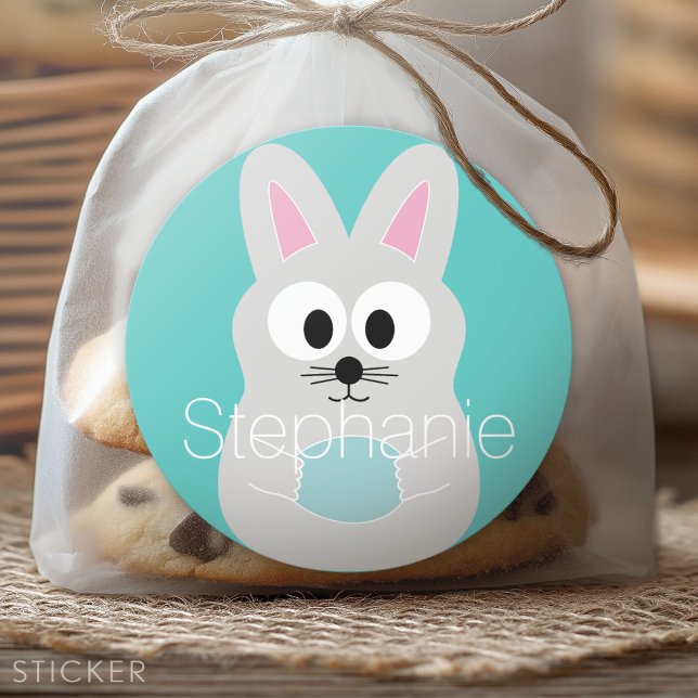 Sticker Rond Cartoon mignon lapin de Pâques avec nom personnali (Custom Sticker)